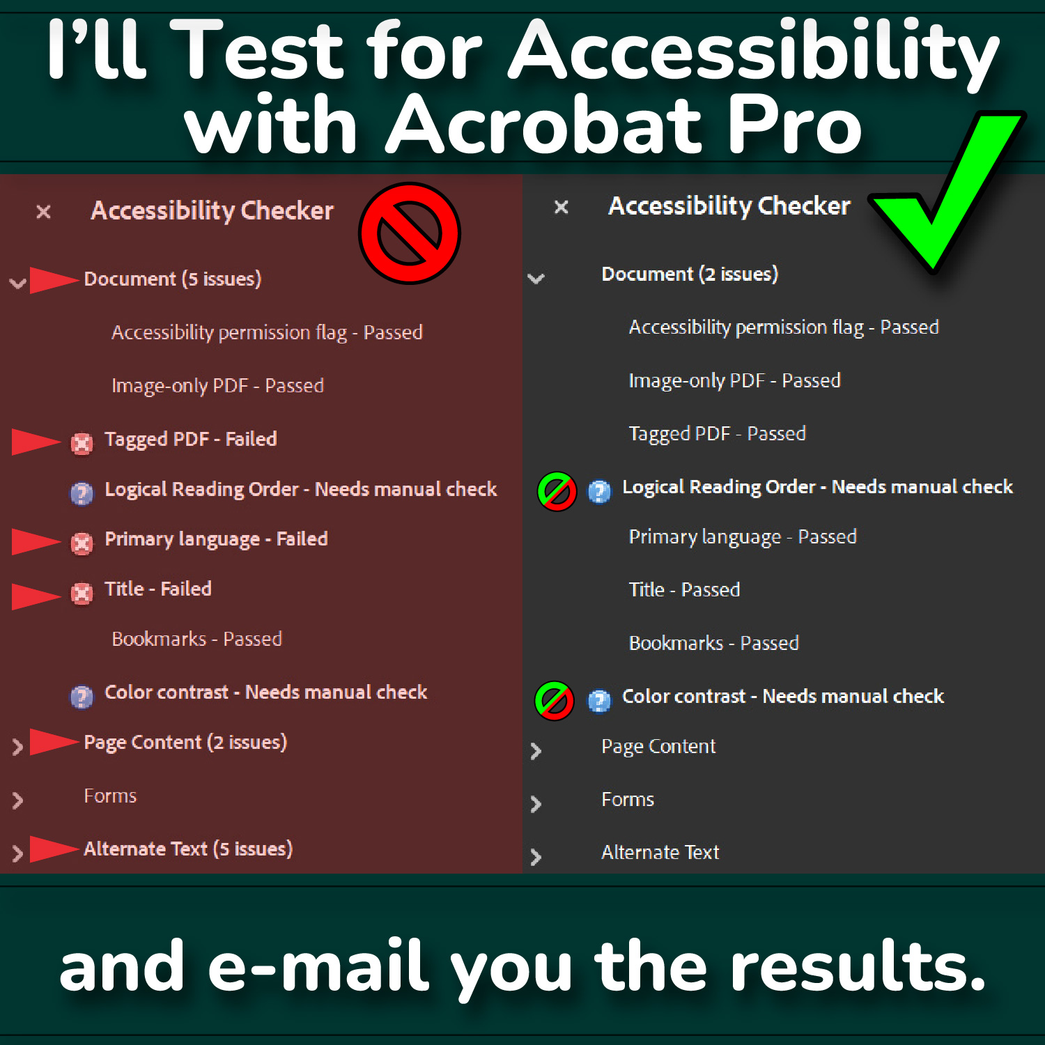 Acrobat Pro sample scan results comparing a failed versus passing result.
